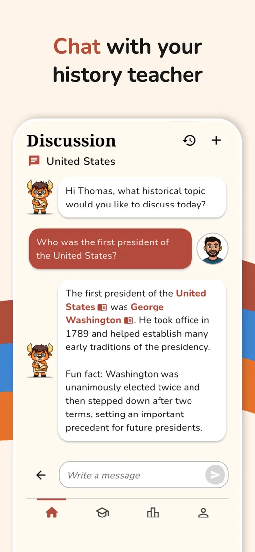 Chatting with Historo's AI history guide about the first president of the United States