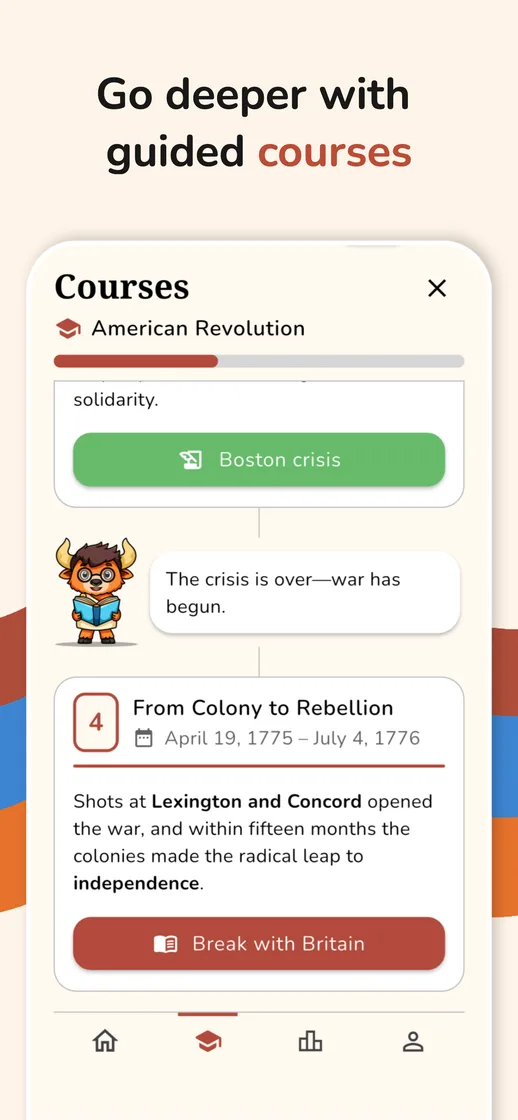 A guided Historo course on the American Revolution, showing the step from colony to rebellion