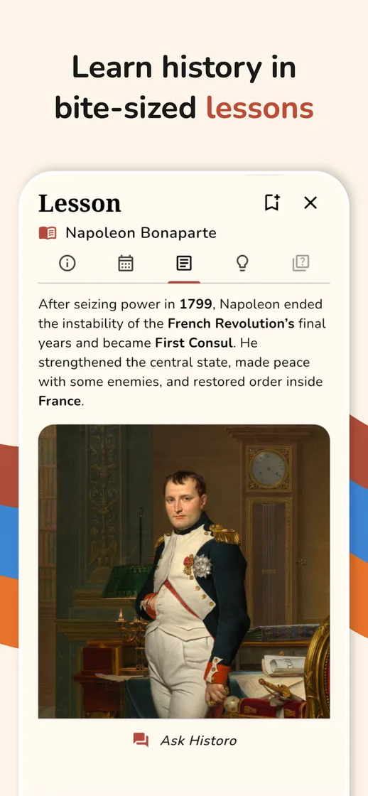 A five-minute Historo lesson on Napoleon Bonaparte, showing the story text and a period portrait