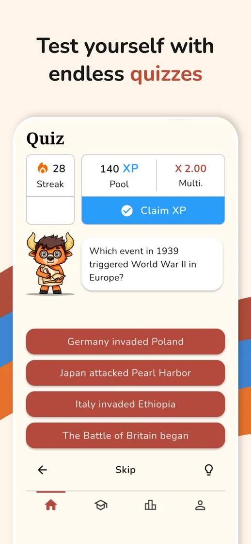 Historo's endless quiz asking which event in 1939 triggered World War II in Europe